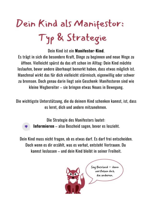 Vorschau Human Design Buch, Typ Manifestor, Typ und Strategie, unten mittig Abbildung kleiner Fuchs mit Sprechblase
